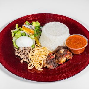 Ghana Jollof-White Rice with Salad and assorted meat